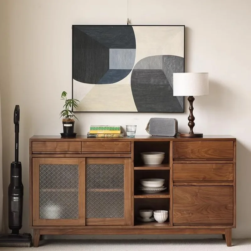 

North American black walnut dining side cabinet, Nordic solid wood tea cabinet, retro begonia glass locker