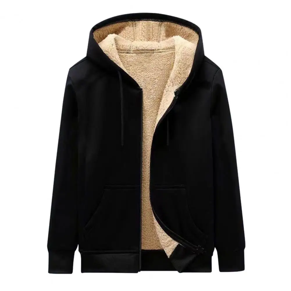 Men Winter Coat Thick Soft Plush Hooded Zip Up Cardigan Long Sleeve Solid Color Drawstring Pockets Casual Plus Size Men Jacket