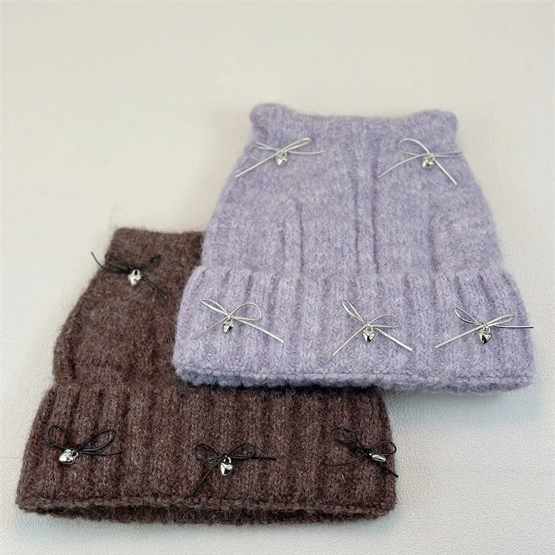 

Новые вязаные шерстяные шапки с бантом для женщин, милые кошачьи уши, теплая защита ушей, шапочки с черепами, шапки для женщин