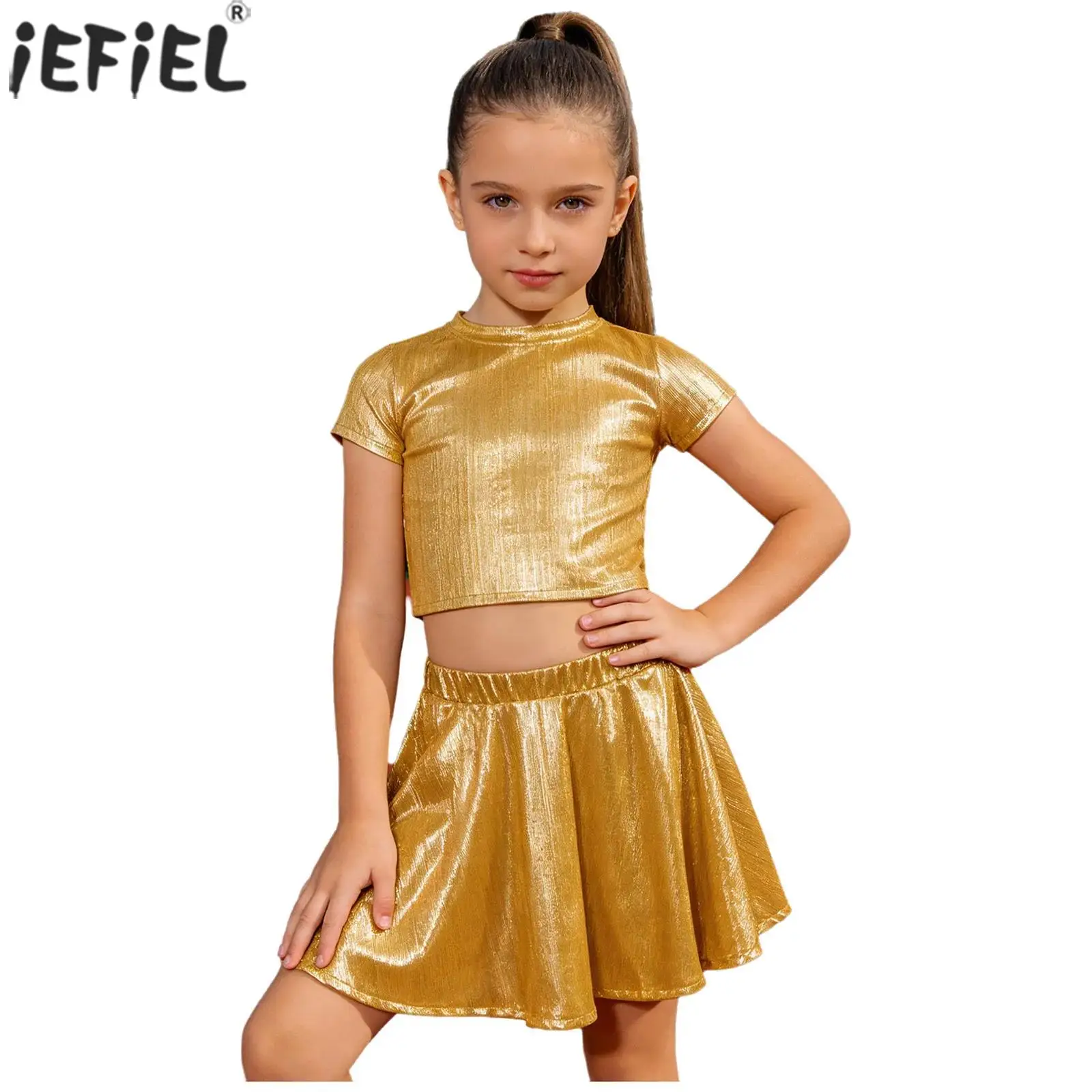 Kids Girls Metallic Shiny Jazz Dance Outfits Short-sleeve Ribbed T-shirt Top with Skirt for Hip Hop Cheerleading Performance