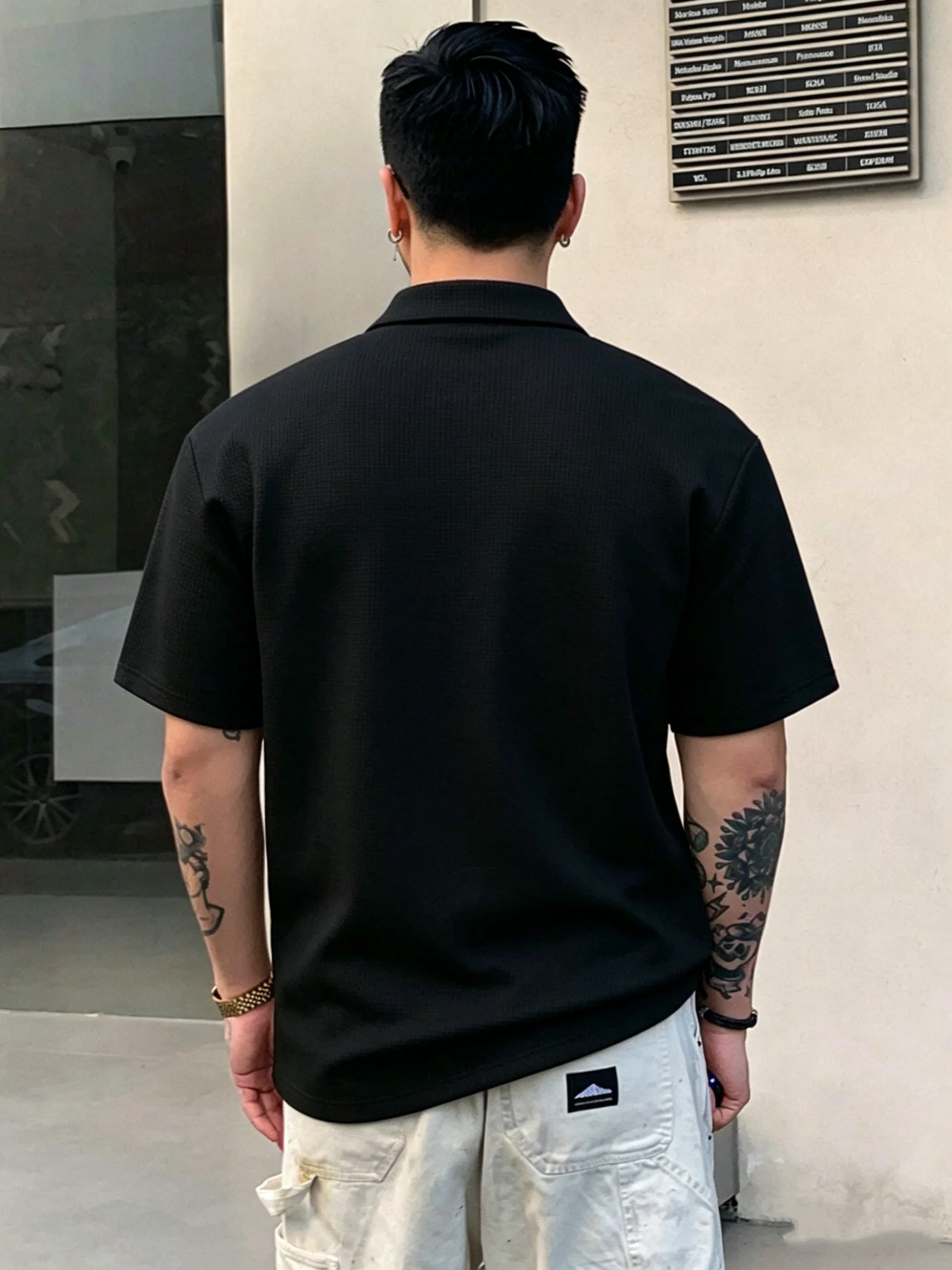 European and American style men's waffle half zip polo shirt denim contrasting pocket short sleeved popular foreign trade item view 5