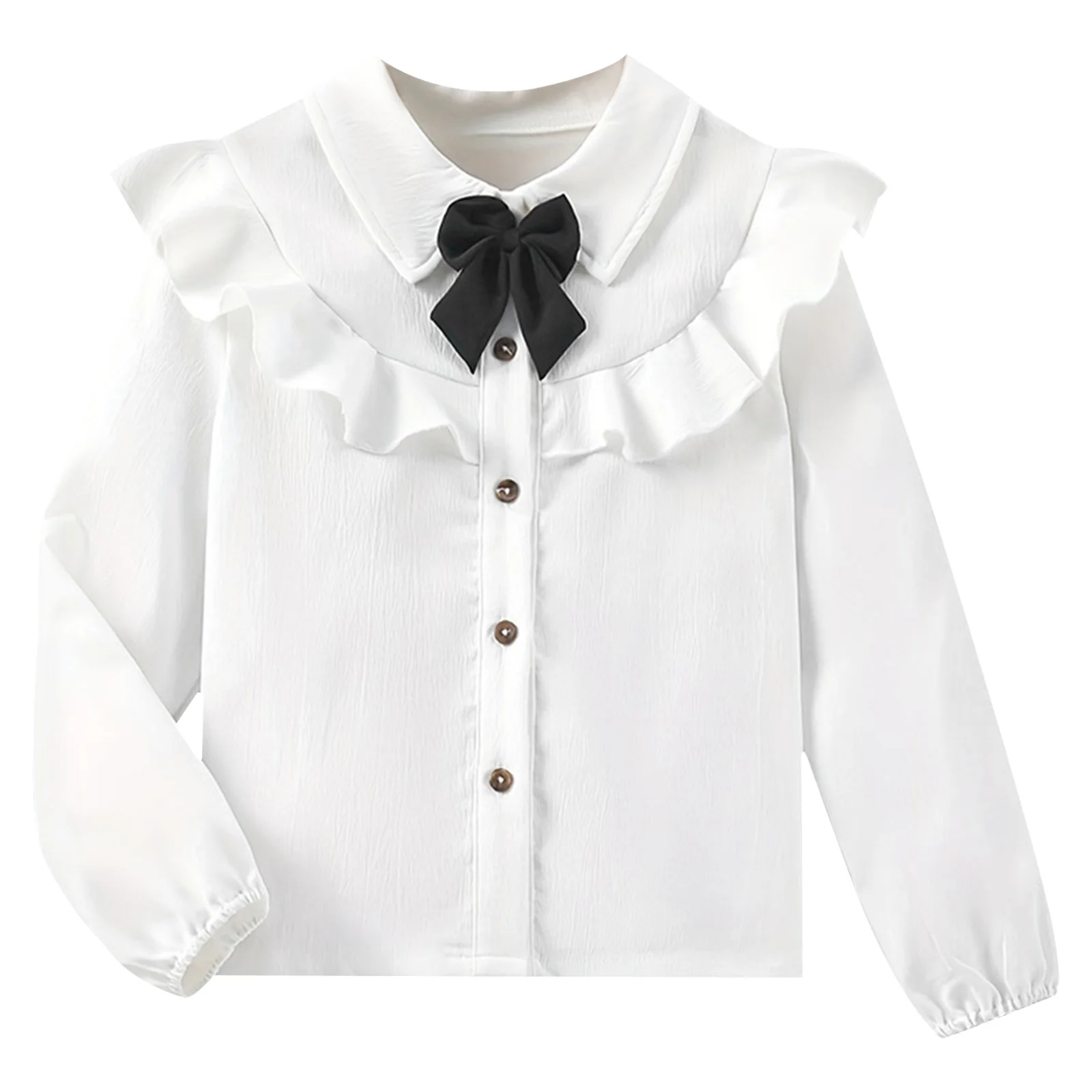 Kids Girls Cute Bowknot Shirt Casual Solid Turn-Down Ruffled Collar Long Sleeve Button Texture Blouse for School Birthday Party