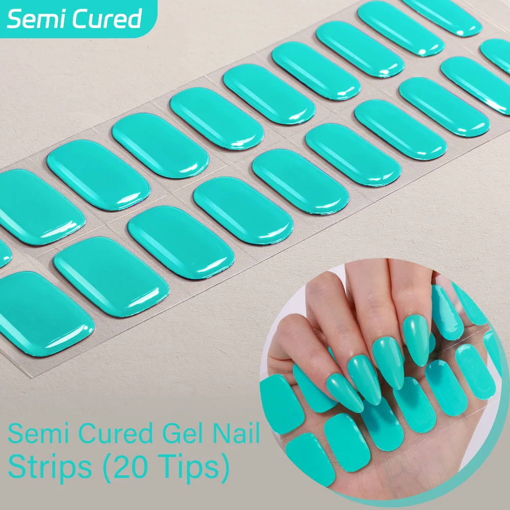 20Tips Semi Cured Gel Nail Strips Fine Glitter Color Full Cover Nail Stickers High Quality Winter Element Design DIY Manicure