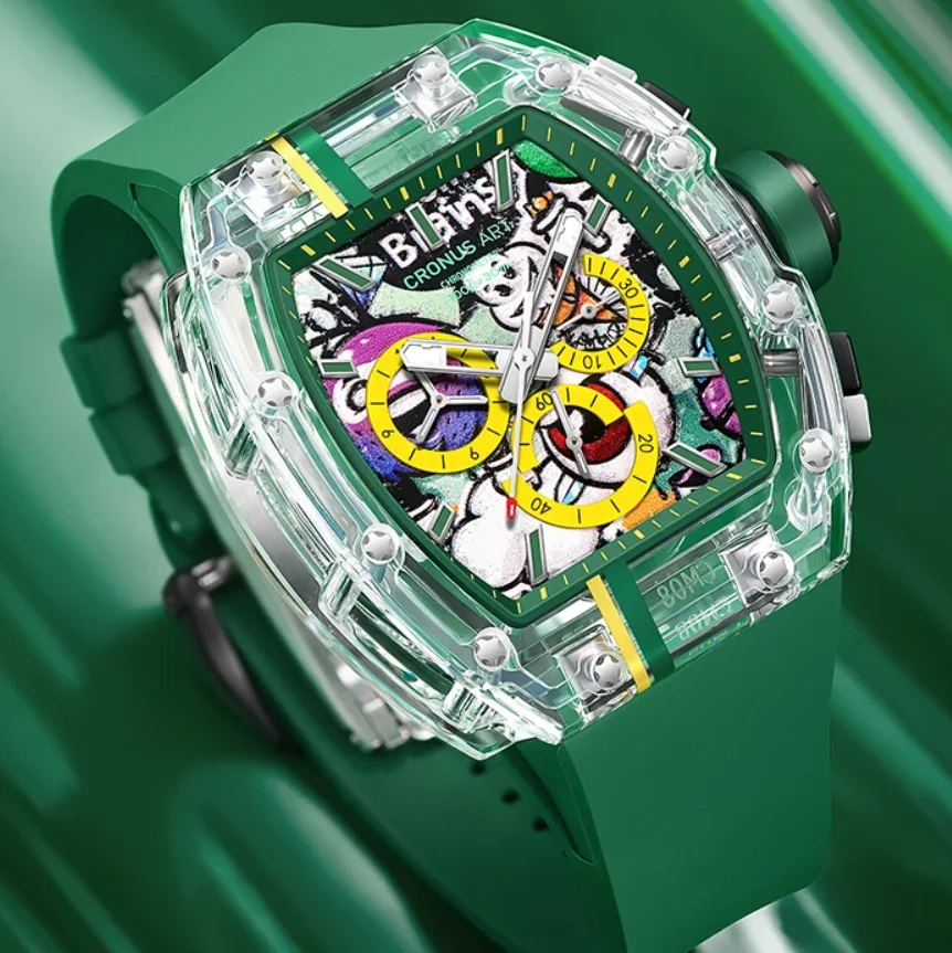 CRONUSART Men Chronograph Watch Tonneau Automatic Mechanical Wristwatch Sapphire Case & Mirror Luminous Fluororubber Strap