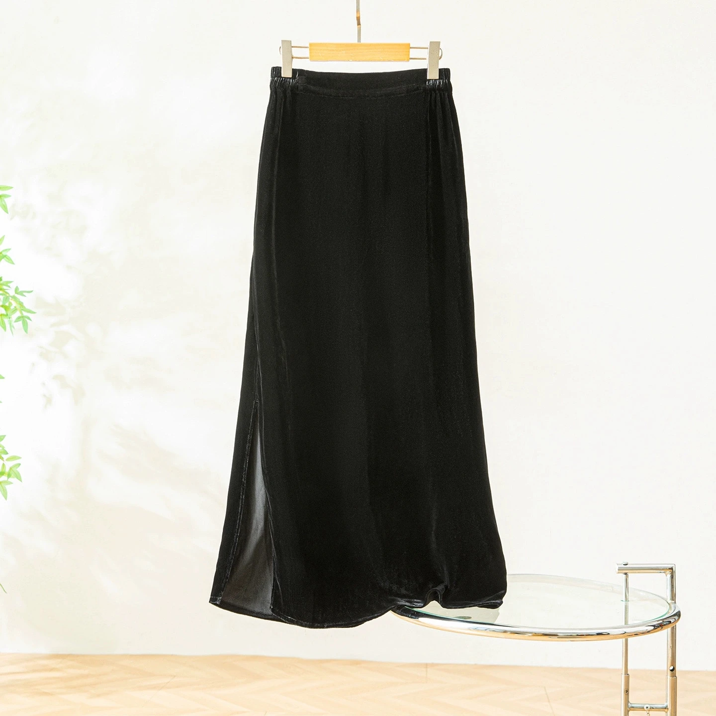 Winsleter-Bottom 100%Real Silk Elegant Velvet Skirts, Elastic Waist Slit, Women Retro Straight Skirt, 2025 Winter New B5N643CC