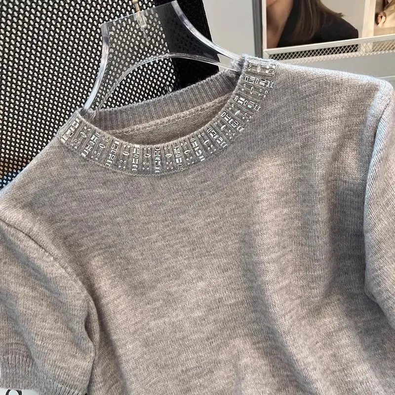 Tops T-shirt Women's Summer Diamond Round Neck Short Sleeves Knit Loose Fit Elegant New Comfortable Casual Versatile Distinctive