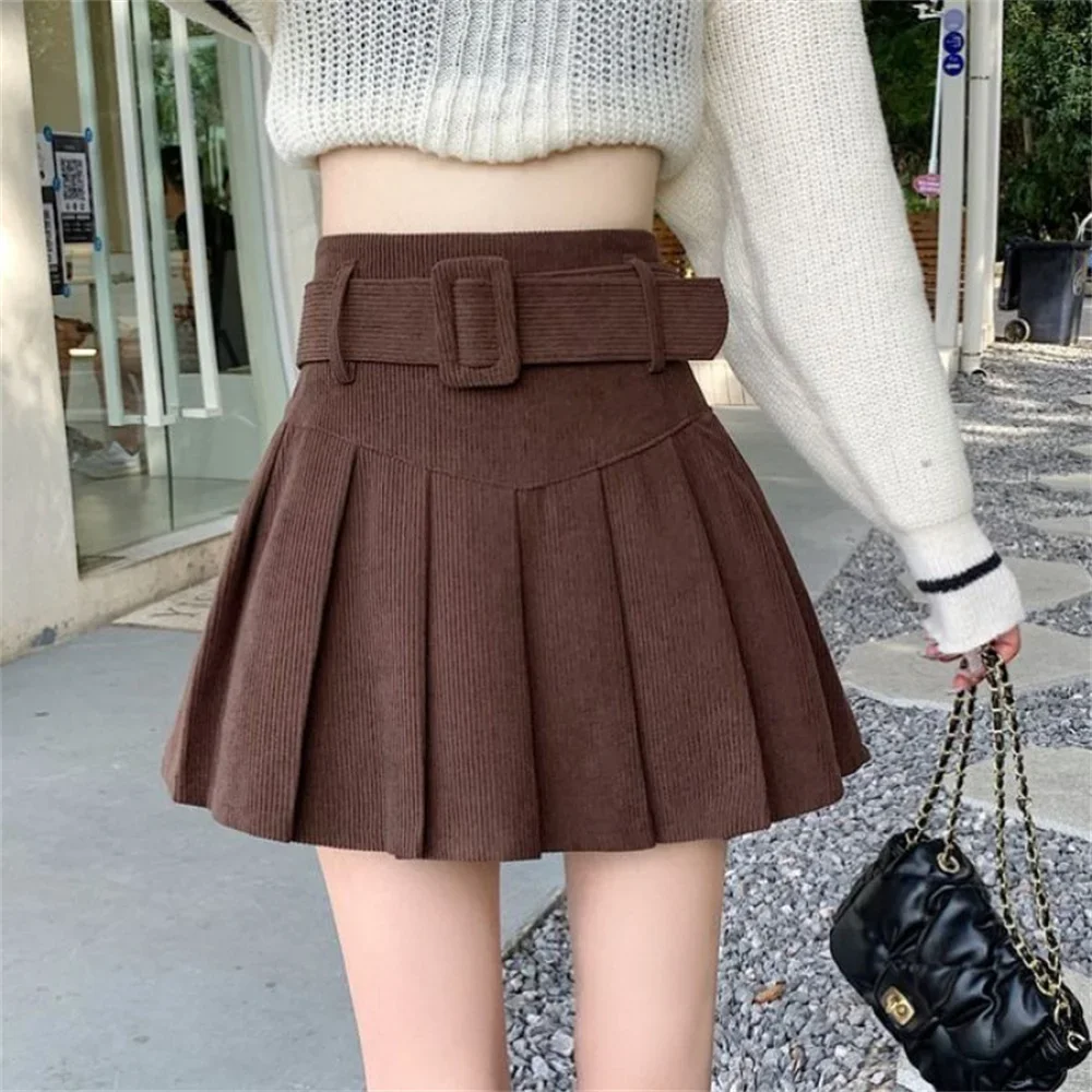 Herbst Frühling Hohe Taille Mode Neue Plissee Adrette Koreanische Style2025Cord Mini Röcke Frauen mit Schärpen Sexy Nette Solide