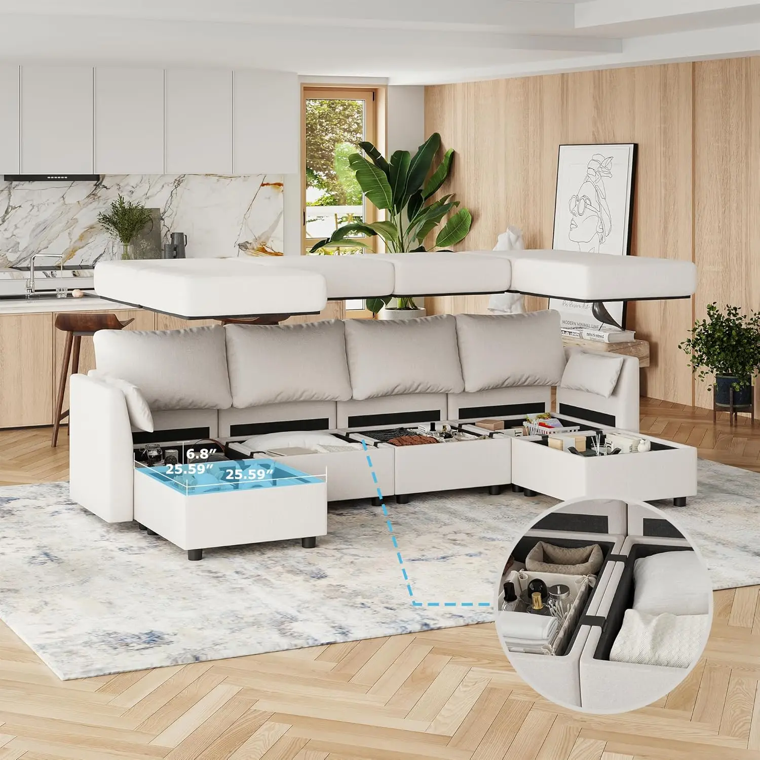 Modulares Schnitts ofa, modulare 6-Sitzer-Couch mit Stauraum, Memory-Schaum, umwandelbare Schnitts ofas für das Wohnzimmer, U-förmig