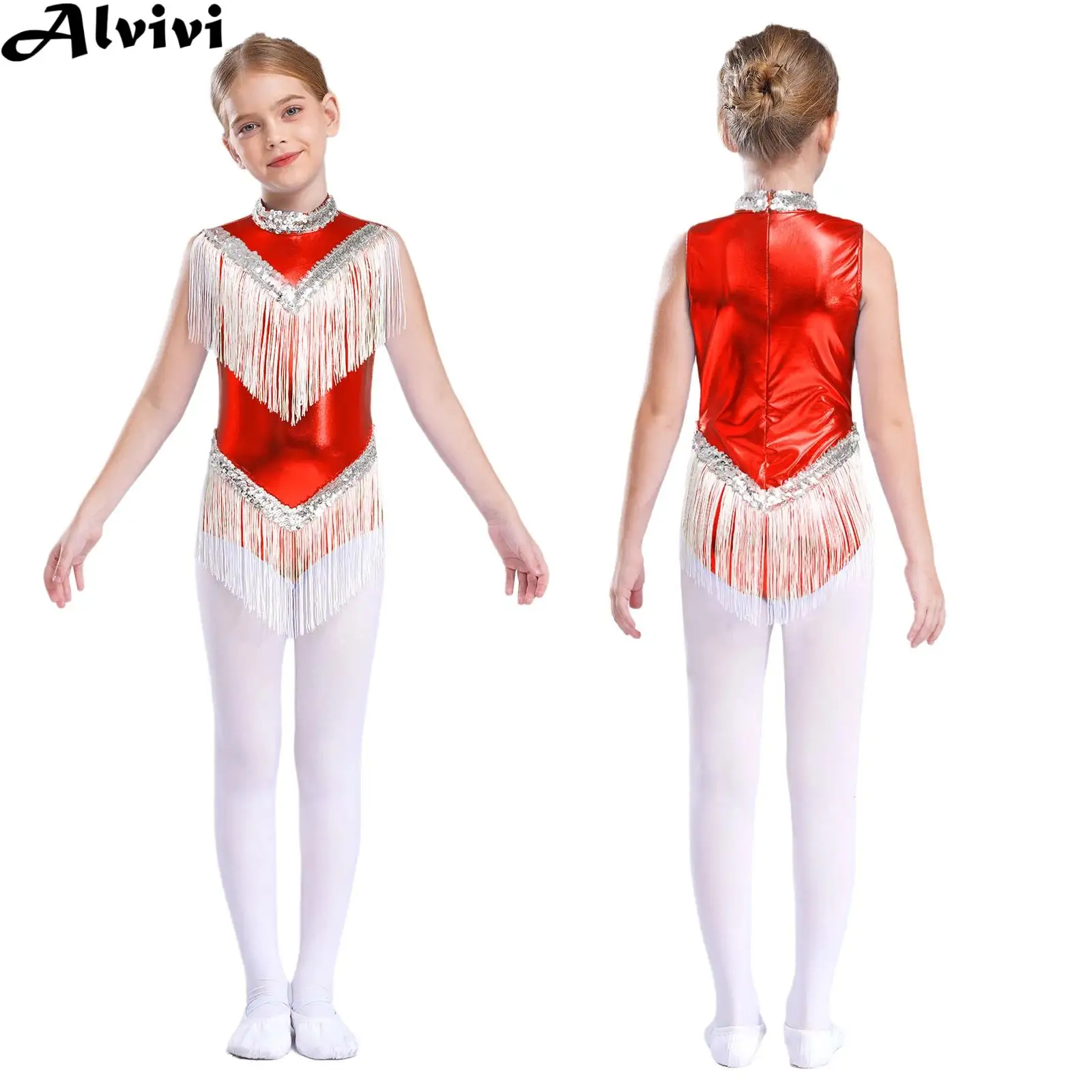 

Детское боди без рукавов с металлическими блестками и кисточками для девочек, боди для латинских танцев, ча-ча, танго, самба, катание на коньках, гимнастика, купальник для выступлений