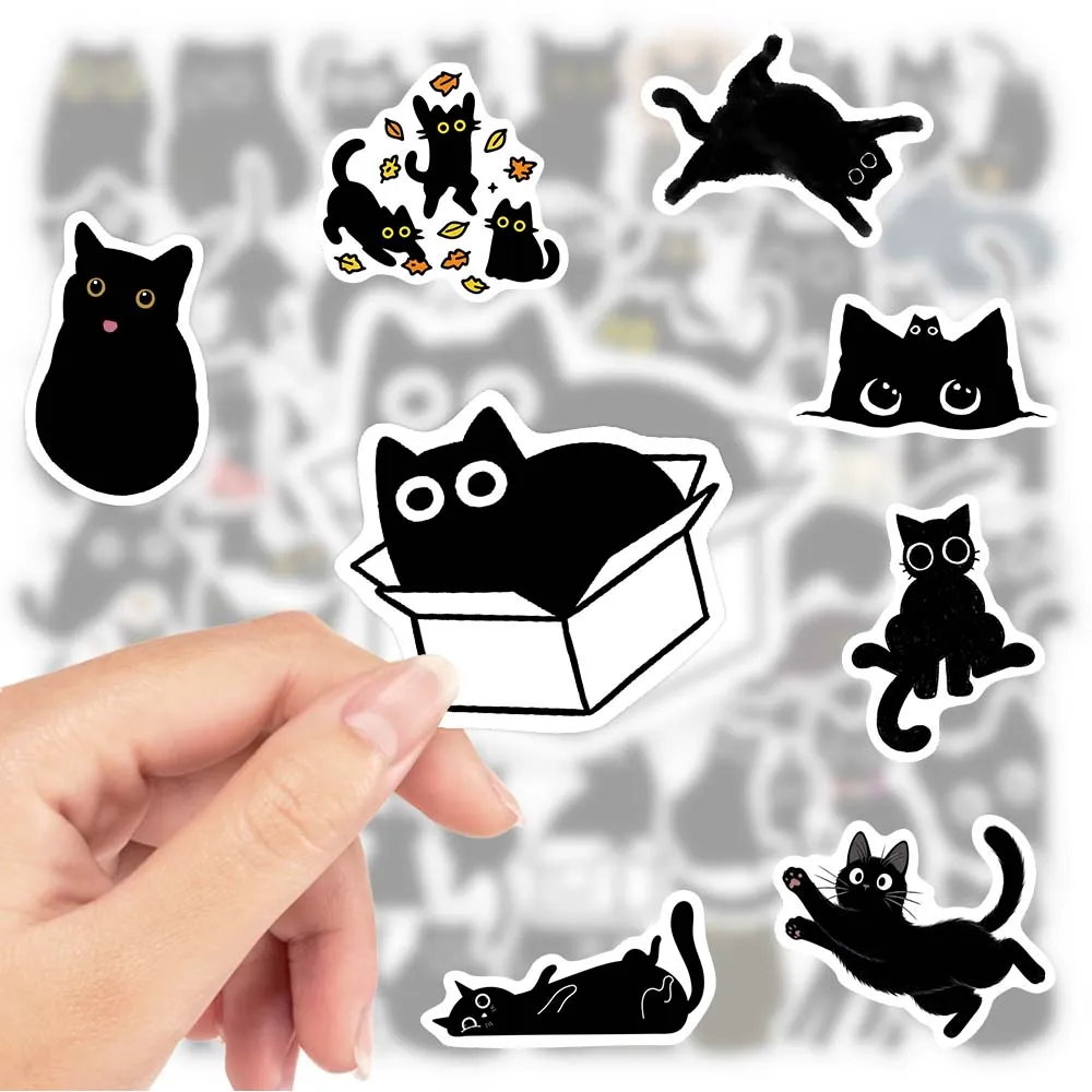 Funny Black Cat Cartoon Stickers DIY Waterproof Decals for Scrapbook Diary Junk Journals Laptop Phone Luggage Bottles Decoration