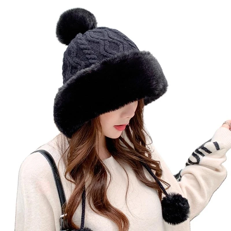 Women Winter Warm Thicken Plush Cable Knit Hat Color Windproof Snow Ski Earflap Trapper Cap