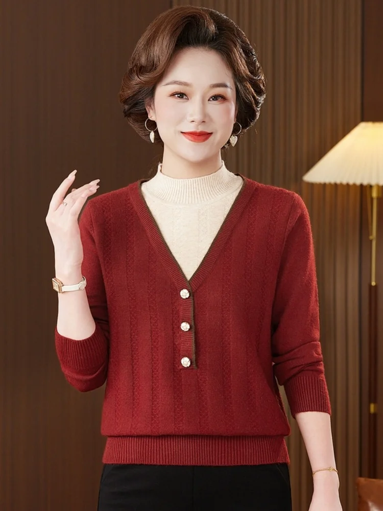 

Модный вязаный топ с высоким воротником для женщин среднего возраста, осенняя одежда, облегающий, иллюзорный, весенне-осенний женский топ