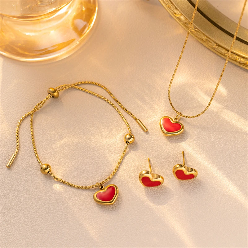 316L Stainless Steel New Fashion Fine Jewelry Young Girl Style Red Love Heart Charm Chain Necklaces Bracelets Earrings For Women