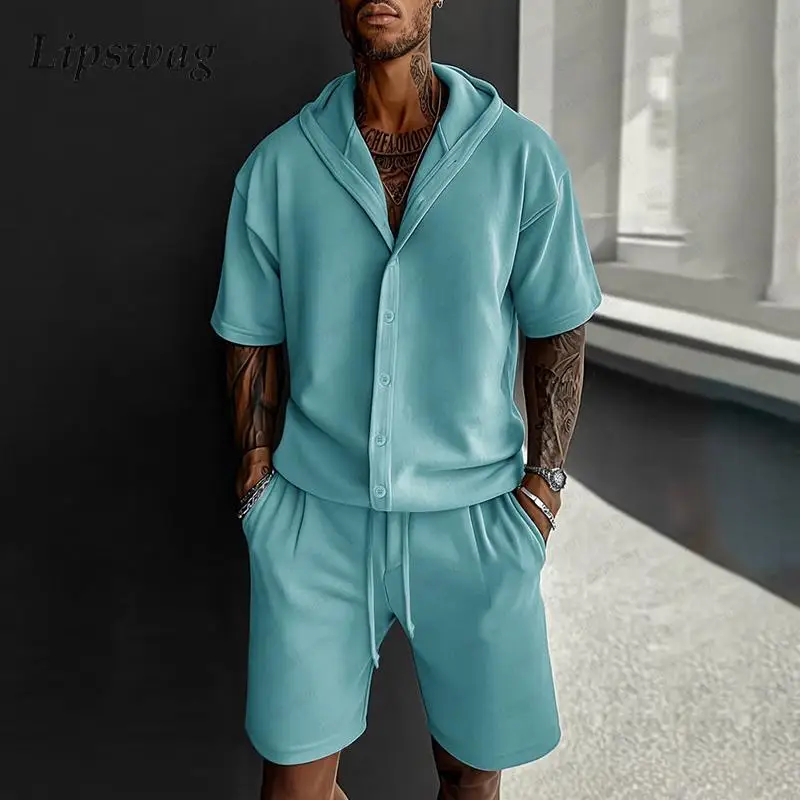 

Vintage Hooded Shirts Two Piece Sets Mens Fashion Solid Color Button-up Short Sleeve Hoodie And Shorts Suits Men Summer Outfits