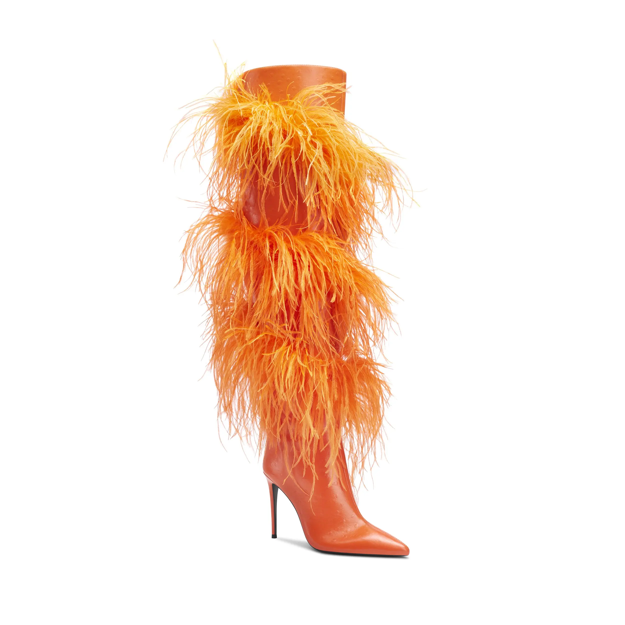 2022 Kobiety Faux Fox Fur Shoes Winter Fashion Over The Knee Boots Orange Feather Long Boots Sexy Pointed Toe Party Boots 44