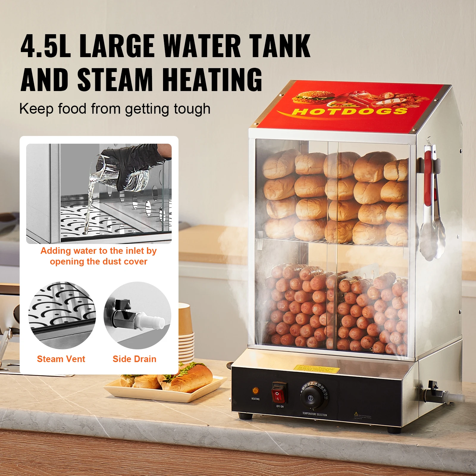 SucceBuy 36L 2-Tier Hot Dog Steamer Hot Dog Hut Steamer 86℉~185℉ Temperature Control, Electric Bun Warmer for Hot Dogs & Buns