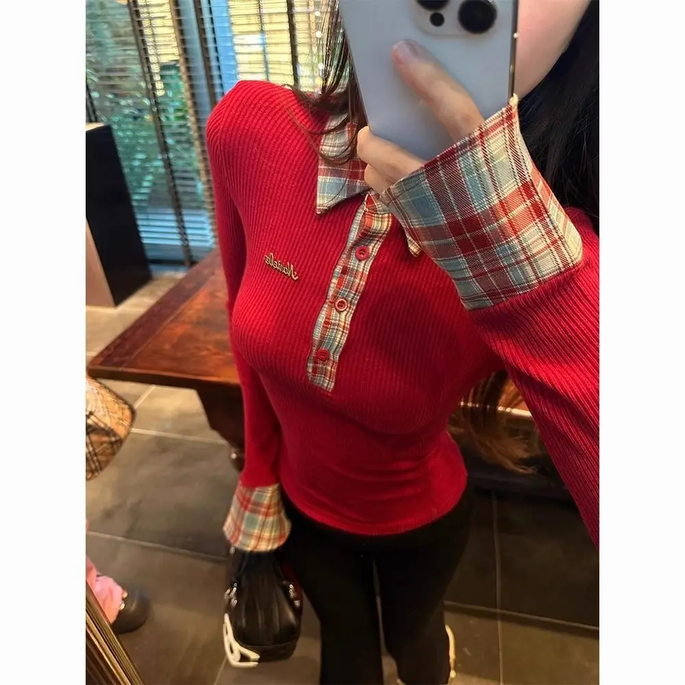 

Autumn and Winter Long-Sleeved Knitted T-Shirt Women's Slim Fit Embroidered Tops Slim Sexy Faionable Girls Fake Two Piece Tops