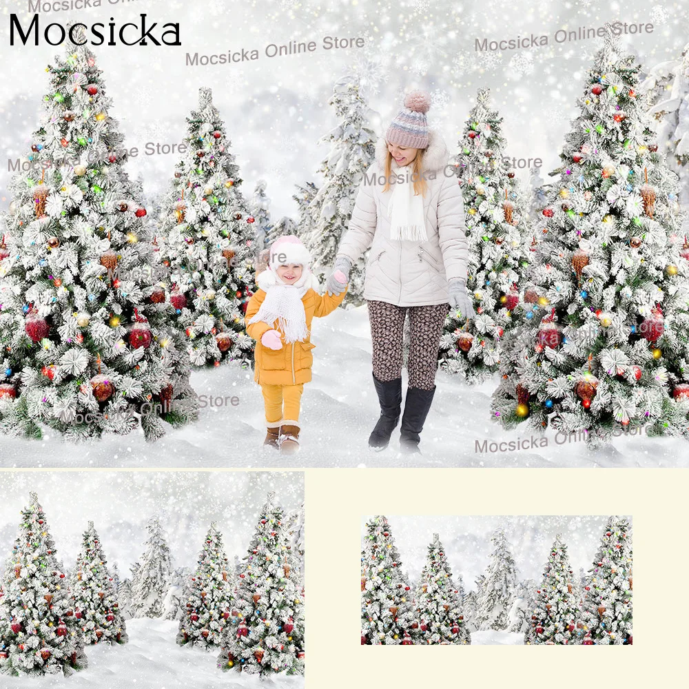 

Frozen Snowy Pine Forest Photography Backdrop White Snow Scene Birthday Portrait Backgrounds Christmas Trees Studio Supplies