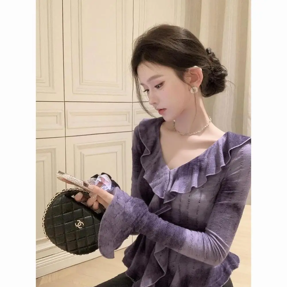 2025 Otoño Invierno personalidad madura ligera altamente conocible generoso ropa adecuada Tops de punto púrpura mujeres