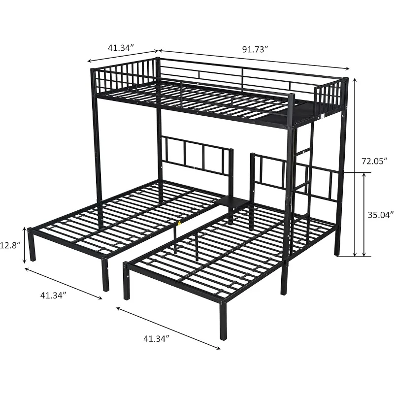 Metal Triple Twin Bed with Safety Barrier and Built-in Ladder, Detachable Triple Bed, No Noise, No Need for Box Springs, Black