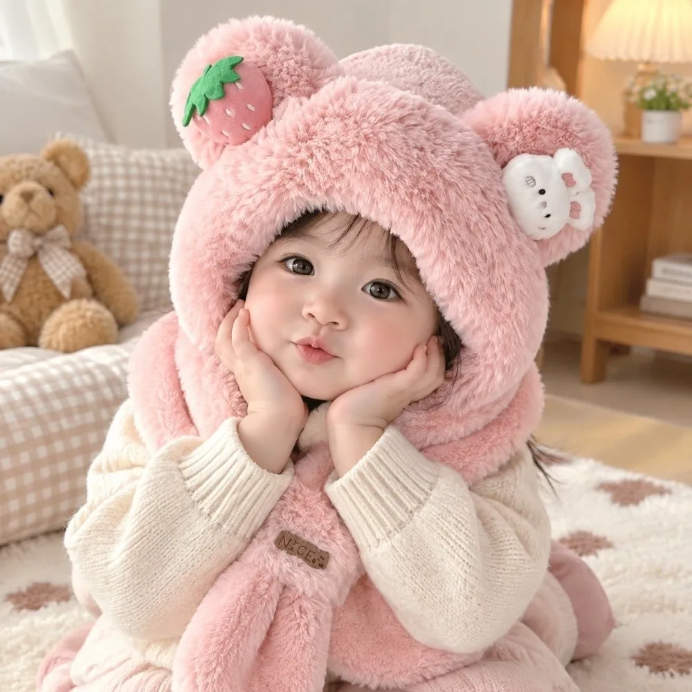 Windproof Hooded Scarf Hat Thick Warm Neck Protection Baby Bear Ear Hat Rabbit Cartoon Winter Integrated Hat Outdoor Vacation