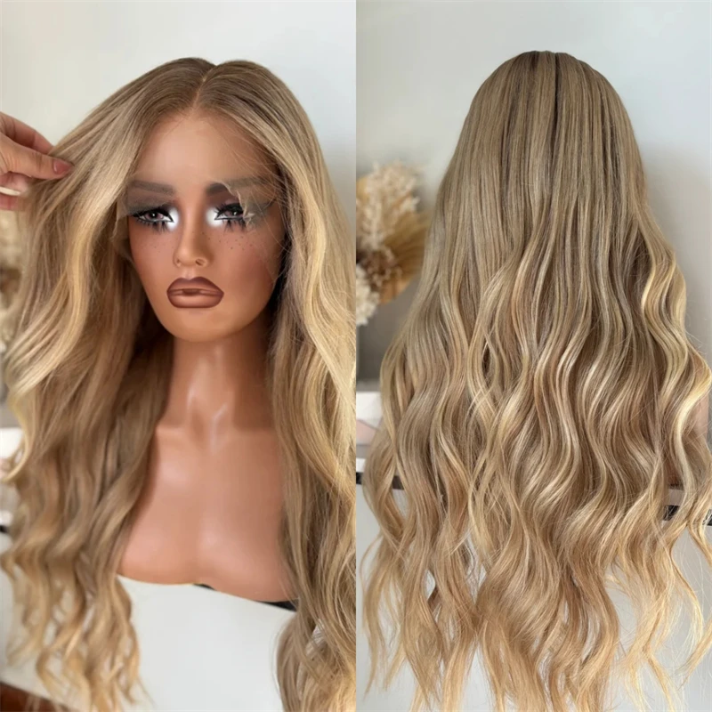 Free Part Ombre Brown Blonde Synthetic HD Lace Front Wig Woman Wigs Heat Resistant Fiber Wig 28 Inches Soft Long Body Wave Wig