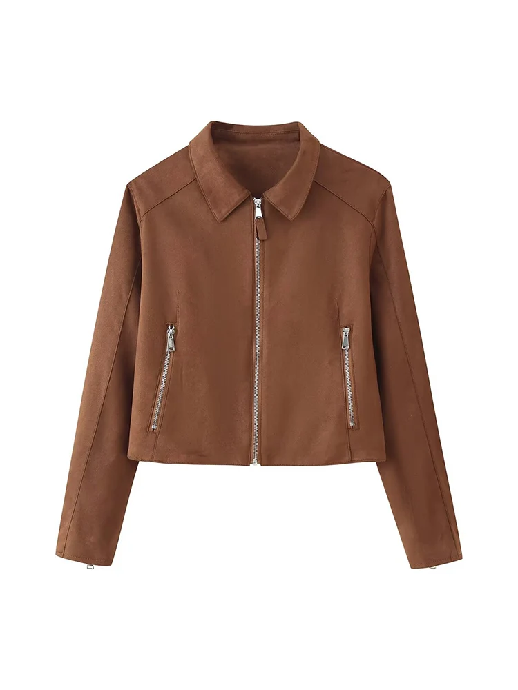 

European style new women's fashion versatile temperament lapel zipper short suede jacket short coat