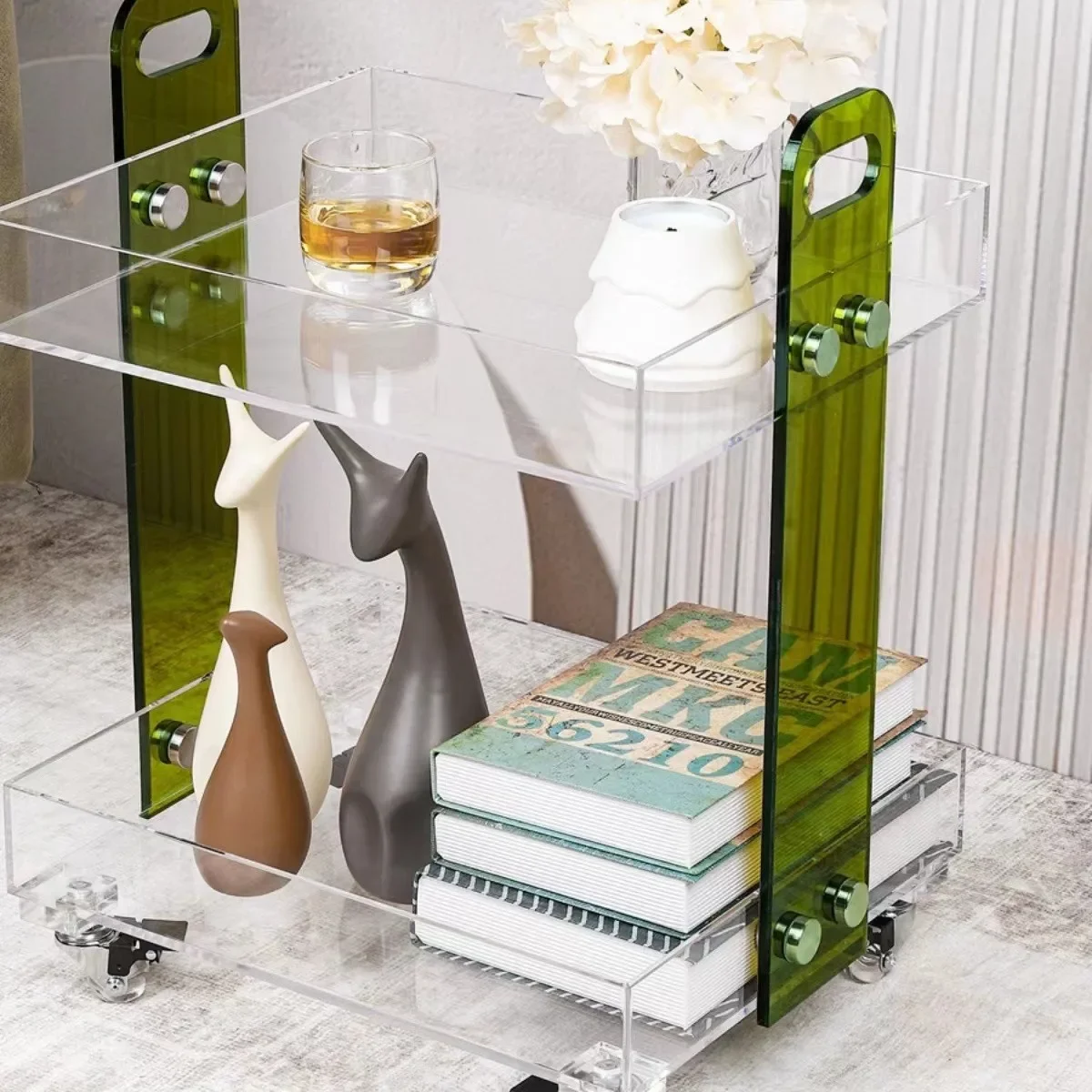 Acrylic tea cart with wheels removable edge few corners trolley bedside table
