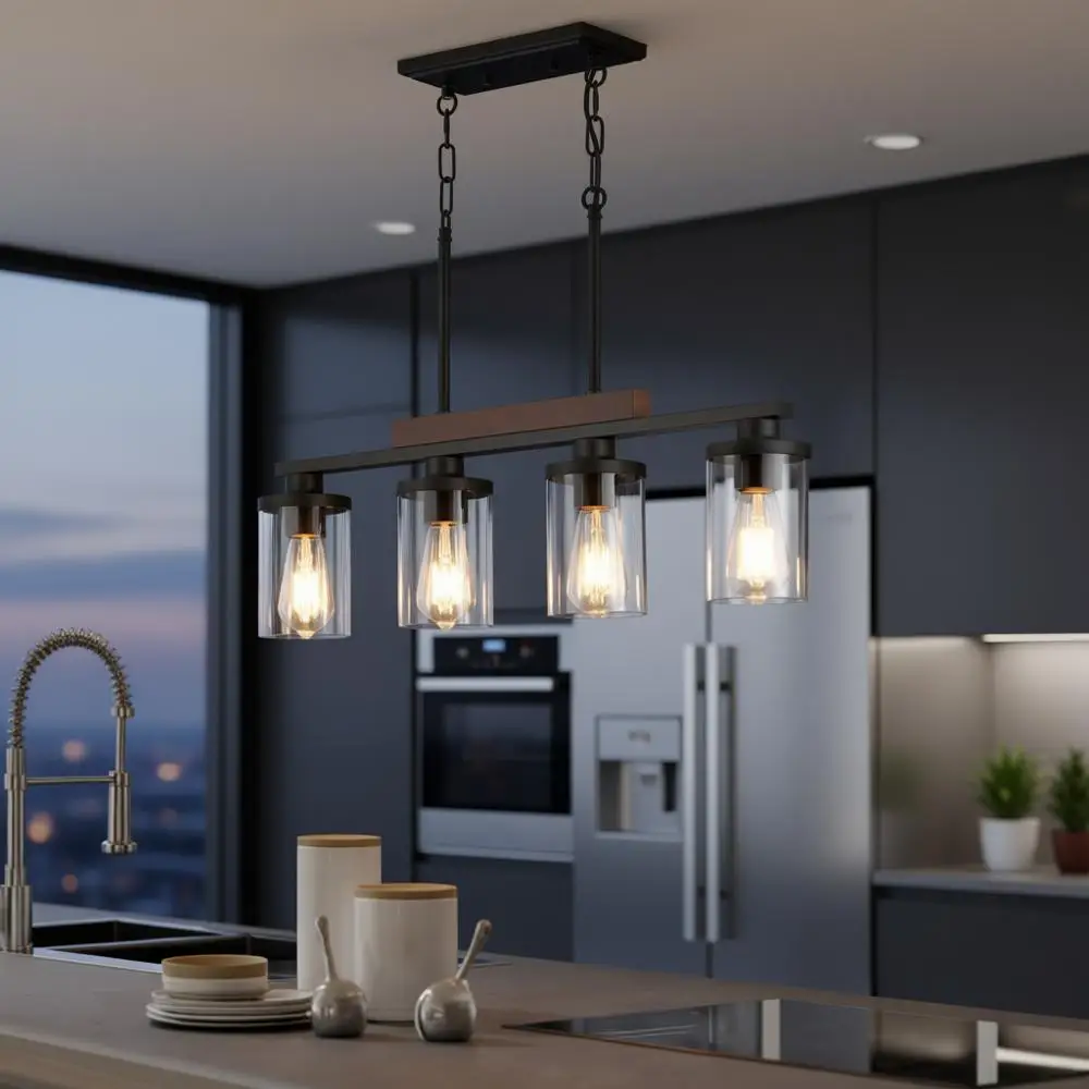 

Rustic 4-Light Wood Pendant Chandelier with Glass Shades for Dining Room Island Ceiling Lighting