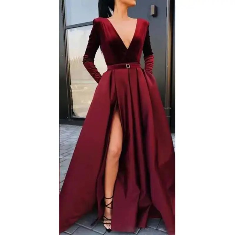 

Женское бархатное длинное вечернее платье со средней талией для осеннего сезона, формальное, из полиэфирного волокна 100%