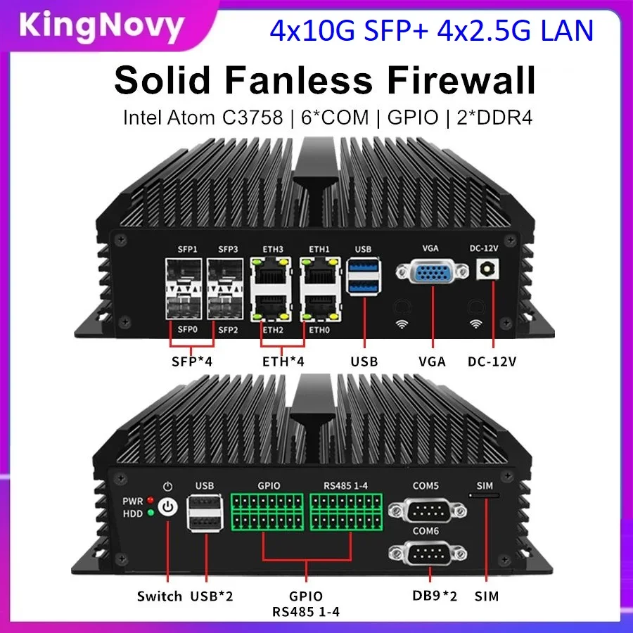 Intel Atom C3758 Fanless Firewall Mini PC 4x10G SFP+ 4xi226-V 2.5G LAN Soft Router 8 Core Home Server computer GPIO 6*COM AES-NI