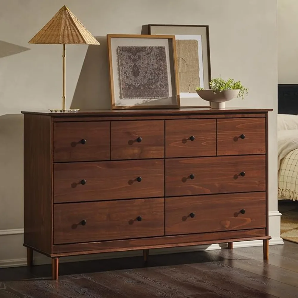 

Modern 6-Drawer Solid Wood Dresser Bedroom Storage, Solid pine wood modern dresser, 57 Inch, Walnut-T