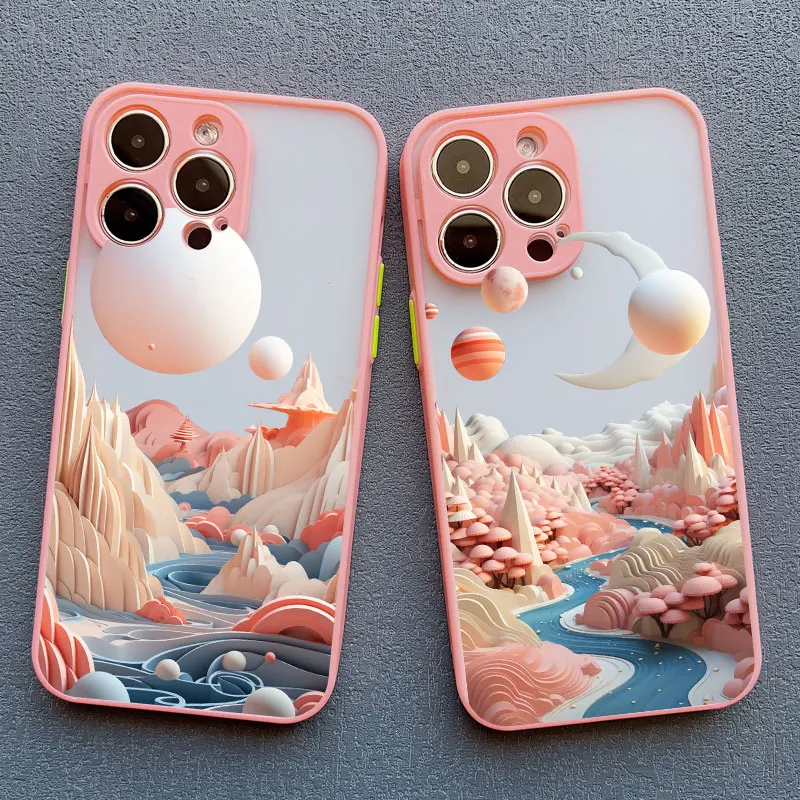 Landscape River Mountains Art Pink Phone Case For IPhone 11 12 13 14 15 16 Pro Max Mini XR X XS 7 8 Plus Shockproof Back Covers