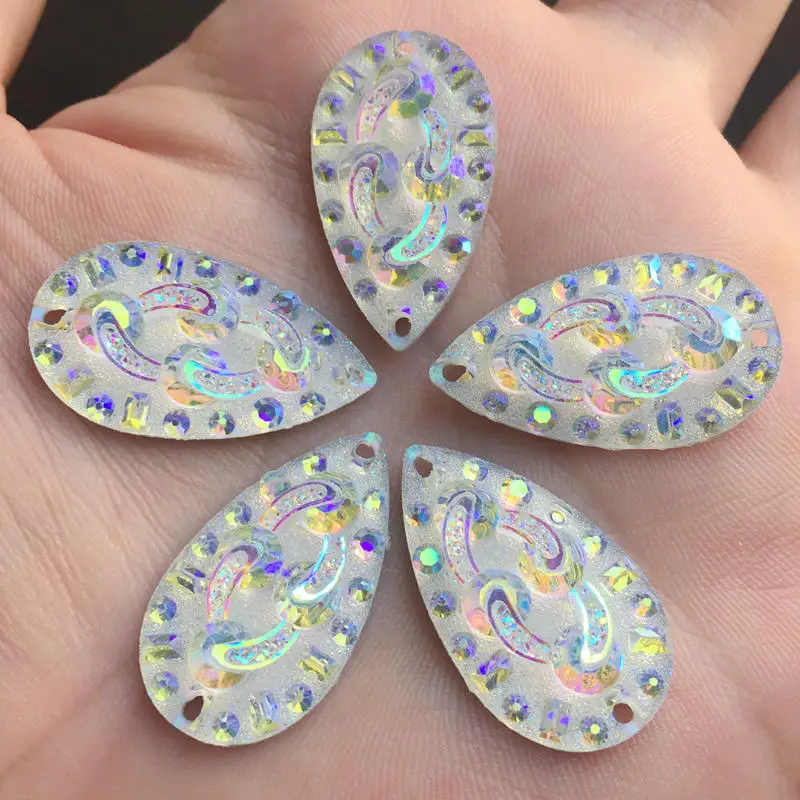 15*27mm 15x35mm Drop shape Crystals AB Rhinestone Flatback sewing 2 Hole Stones Resin For DIY Wedding Dress -HB87