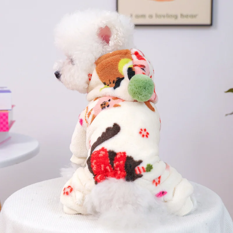 

2025 Autumn Winter Pet Dog Cat Costume Beige Cartoon 4-Leg Warm Outfit, Cute Puppy Kitty Cozy Pajamas Onesie Holiday