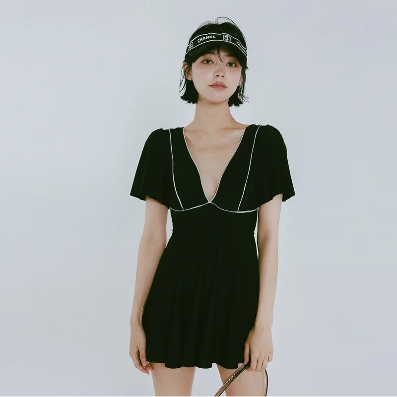 Flattering ort-Sve One-Piece Swimsuit Women's Conservative Bla White Bather Suit Cover-Up Casual Swimwear by Langduola