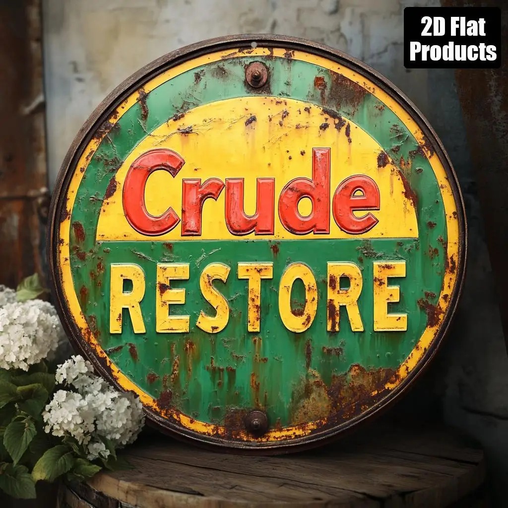 Round Crude Restore Vintage Rusty Sign 2D Flat Aluminum Sign 20x20cm, Green Yellow Circular Plaque, Garage Workshop Man Cave Dec