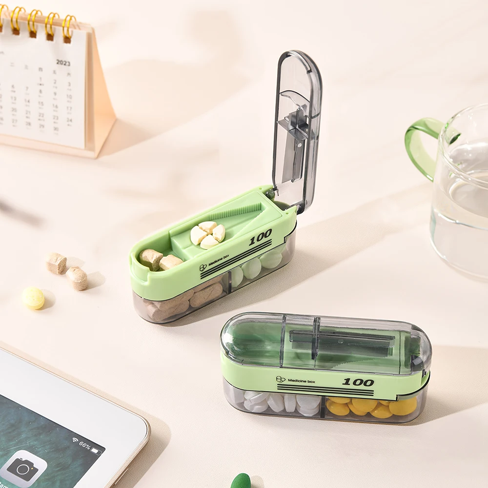 Multicolor 2 in 1 Pill Cutter Splitter Crusher, Safety Guard with Brush, Sliding Storage Box for 1/2 1/4 Pills Home Travel