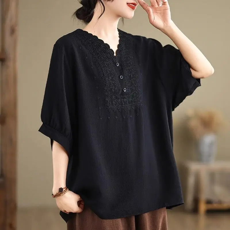 

Plus Size Women's Clothing Retro Three-quarter Sleeves Cotton Linen T-shirt for Women Summer Artistic Style Embroidery Loose Top