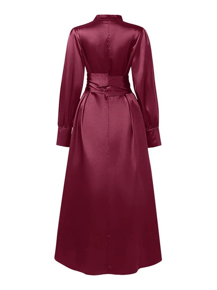 ZANZEA Stylish Waisted Party Dress 2025 Autumn Dreses Elegant Women Long Lantern Sleeve  Robe Solid A Line Satin Long Dresses