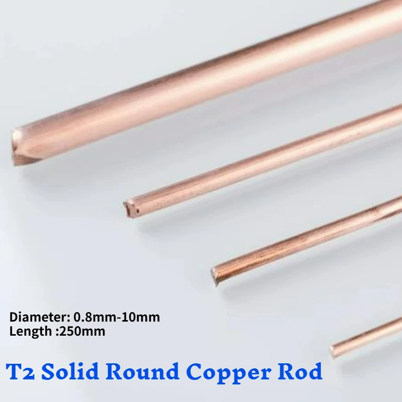 2/4pcs Length 250mm T2 Copper Rod Dia 0.8mm~10mm Metal Round Bar Hard and Unbending Solid Pure Coppers Rods DIY