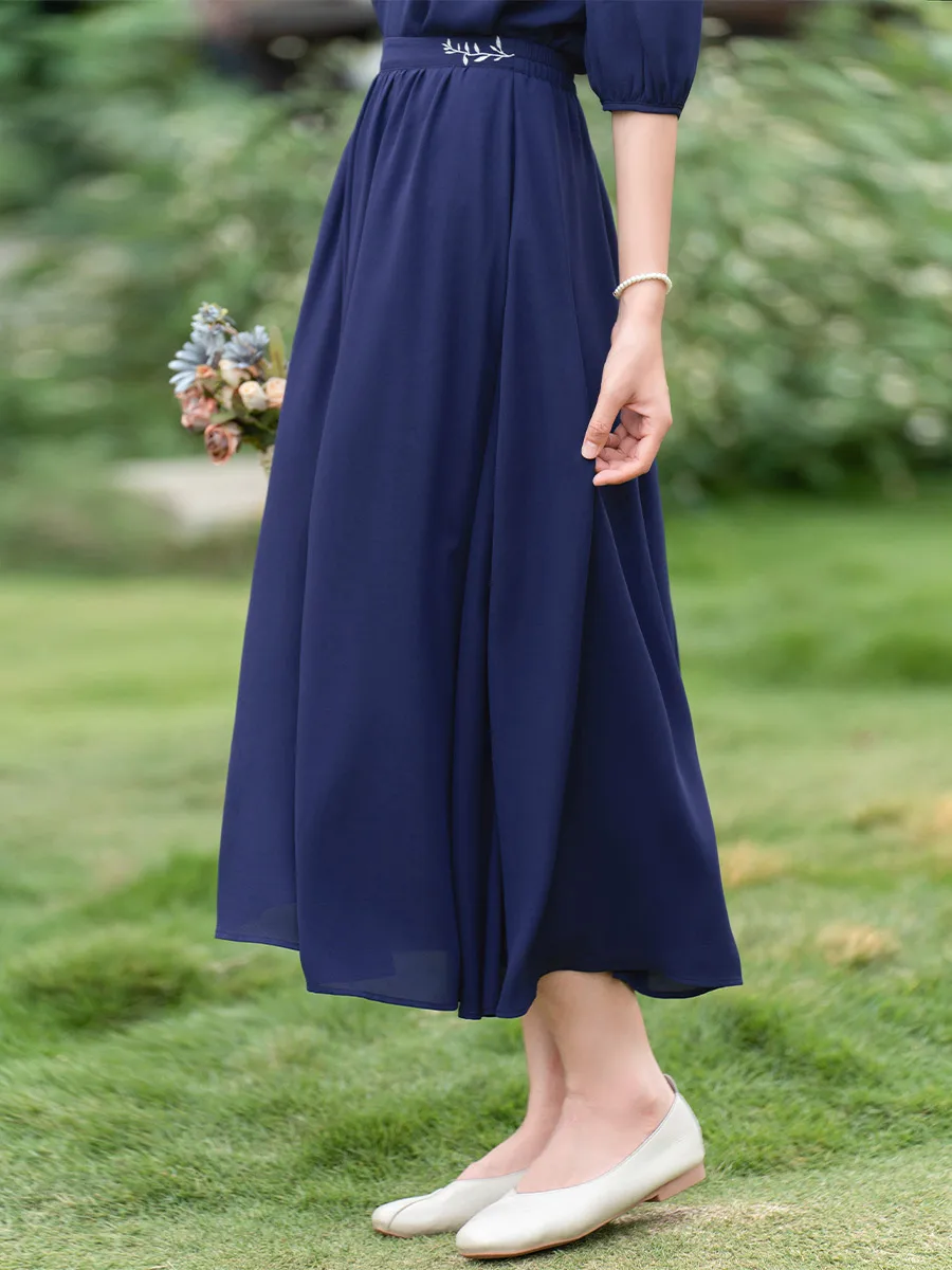 

Artistic Embroidered High Waist Midi Skirt in Prussian Blue by Zhi Faionable Commute Sle A-Line Skirt for Women