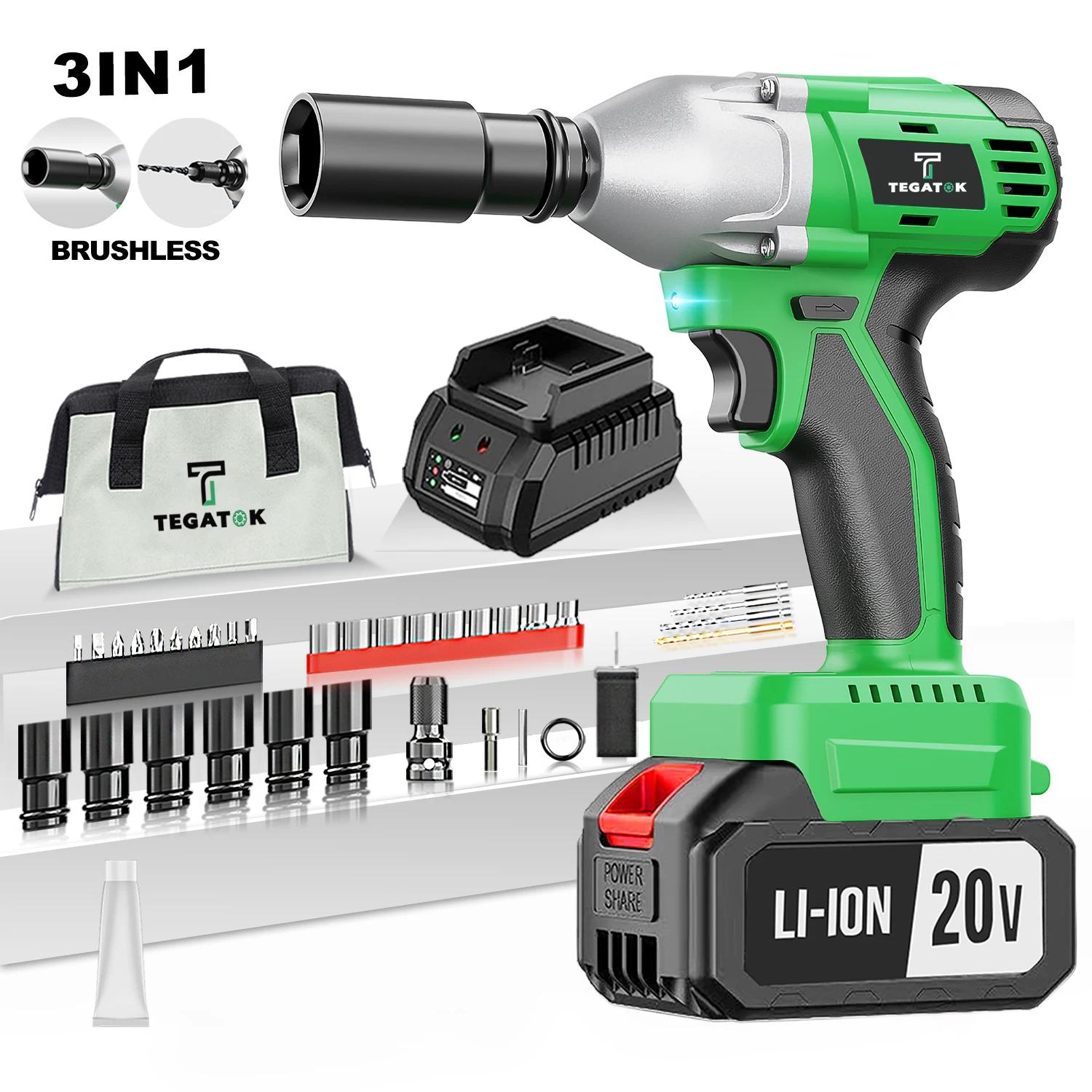 Cordless Impact Wrench,Electric Impact Gun for Automotive ,20V 1/2-Inch 3000IPM Brushless Power Impact Driver.