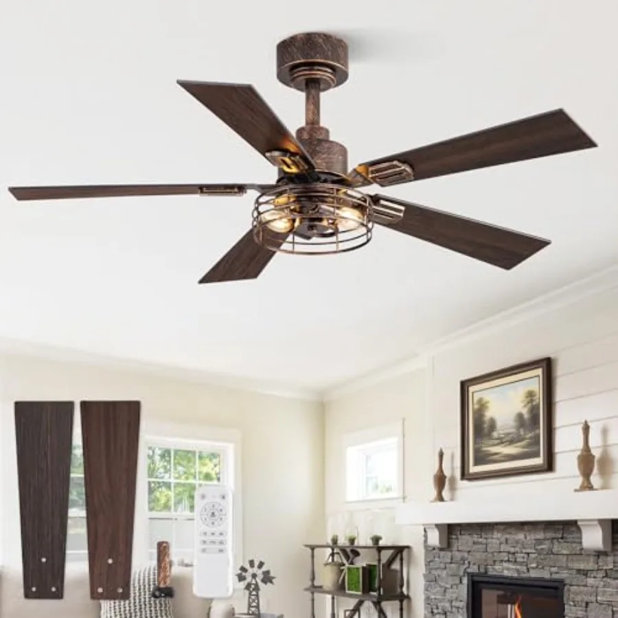 

Farmhouse 42 Inch Ceiling Fan with Light for Bedroom Living Room, Industrial Caged Rustic Fan, Double-Sided 5 Blades, Black Gol