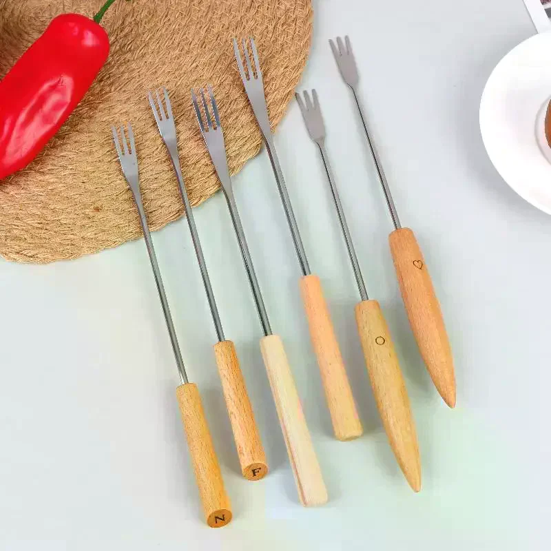 6 Piece Fondue Fork Grilling Set Muddler Reusable Fruit Forks Bbq Fork Dipping Wood + Stainless Steel For Cocktails Set