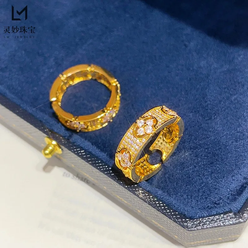 9999 24K real gold hollow white diamond four-leaf clover ring full of stars lucky grass flower ring light luxury gift girlfriend