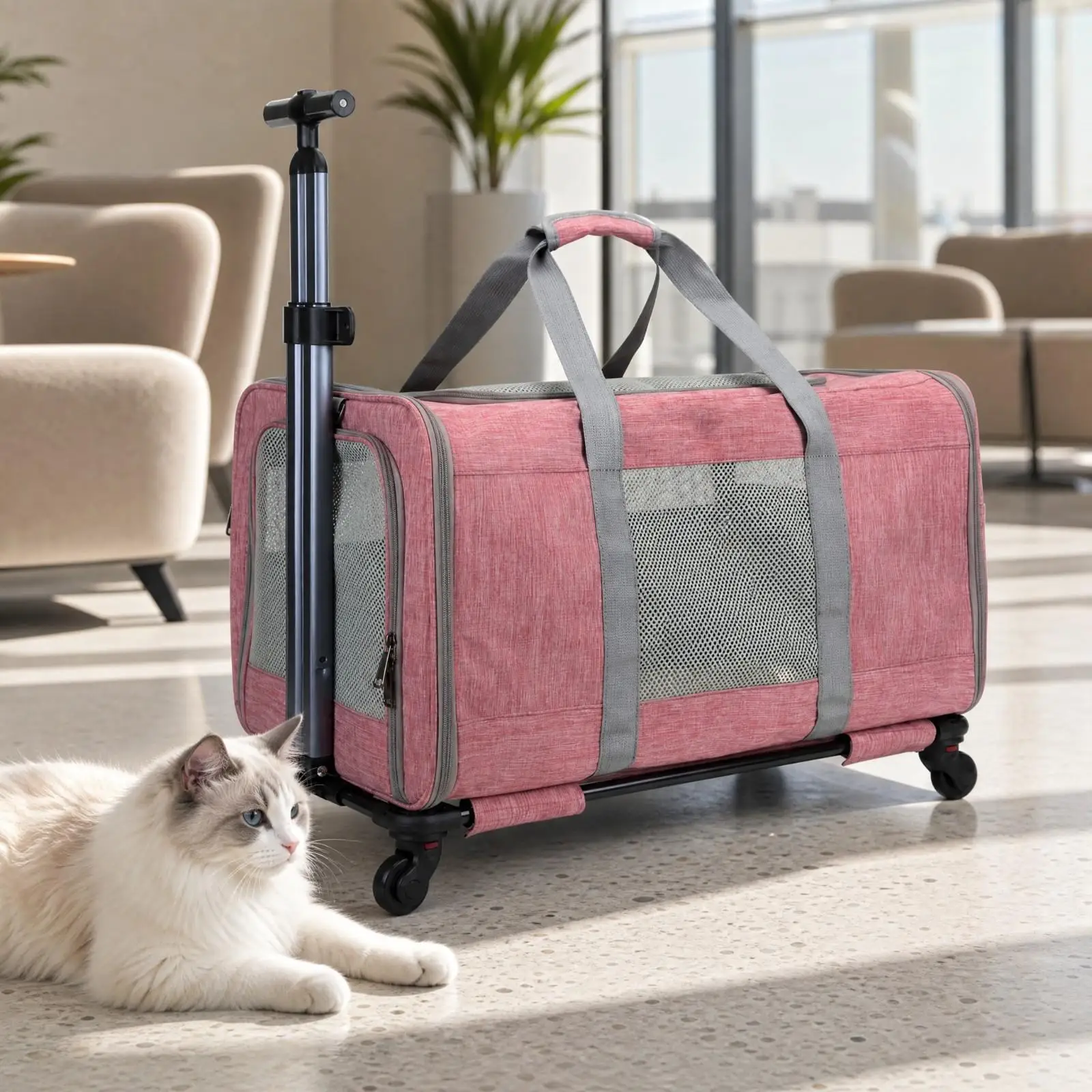 Portable Folding Travel Carrier for Cats and Small Pets with Four Swivel Wheels and Top Handle for Easy Transport