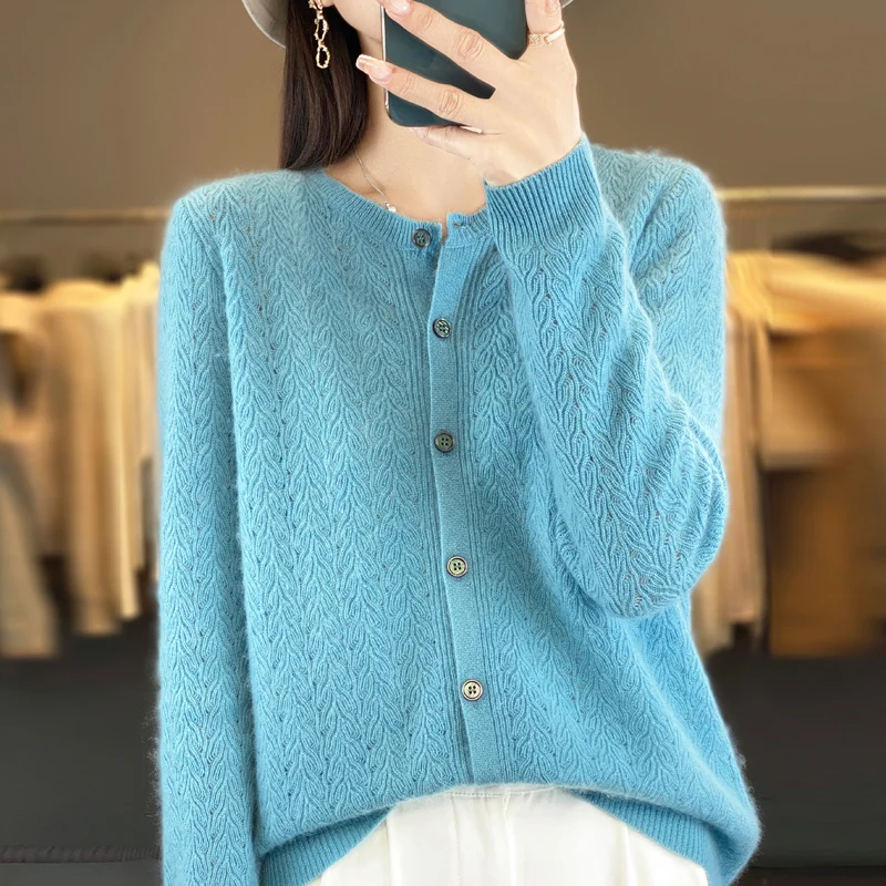 Women's Cardigan Spring/Autumn 100% Wool Knitted Sweater Casual Blouse Loose Ladies Tops Round Neck Single Breasted Jacket