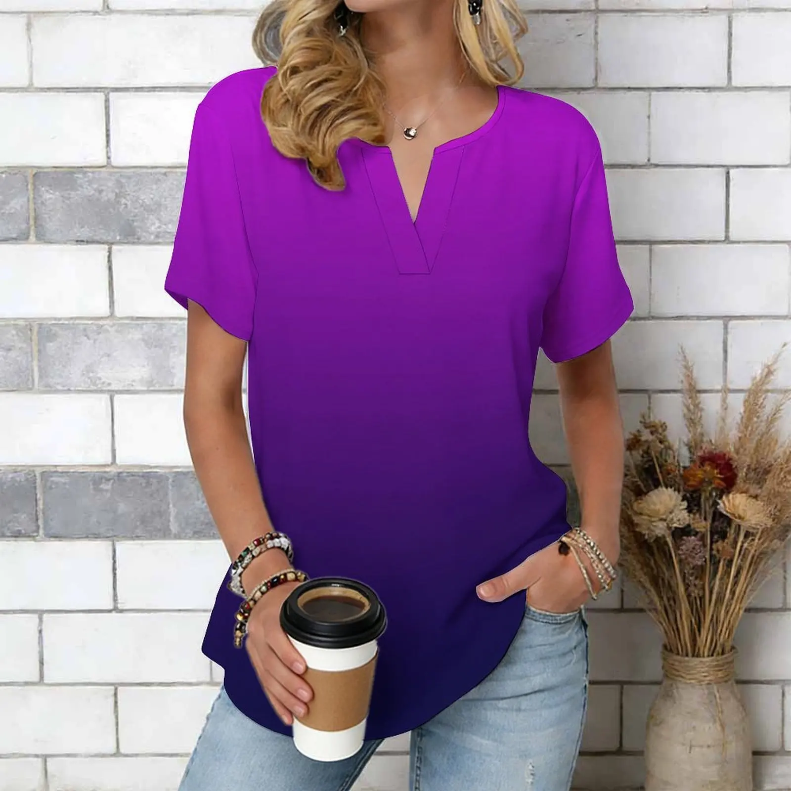 Women Print Notched V Neck Short Sleeve Casual Loose Tunic Tops