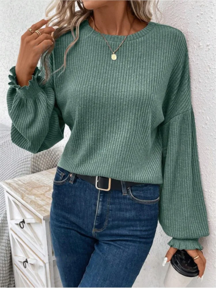 Casual Solid Color Round Neck Long Sleeve Loose T-shirt For Women Simple Style All-match Commuting Casual Trendy Comfortable